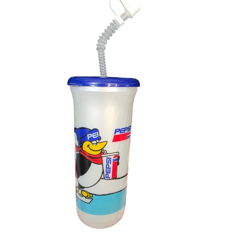 Pepsi Plastic Tumbler‎ 32oz White Vintage 90s Penguin Skating Sport Quart Straw